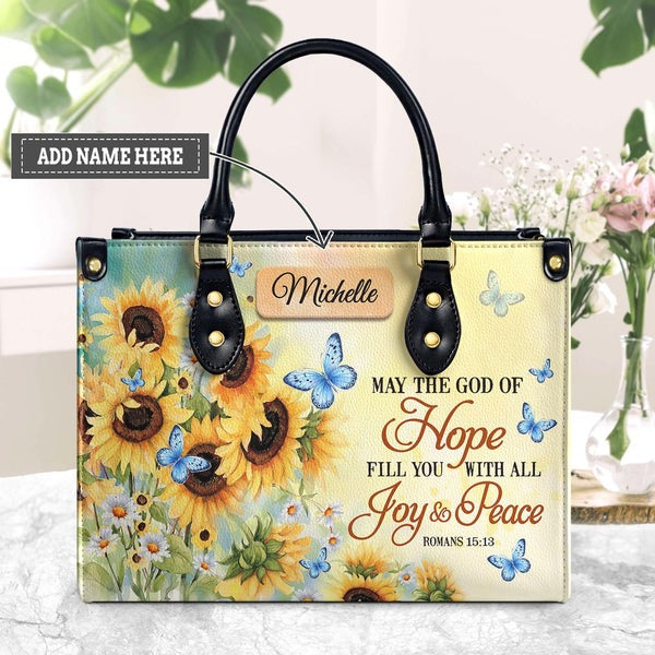 May The God Of Hope Fill You Will All Joy And Peace Leather Bag, Custom Bag Bible Verse. BLAF10
